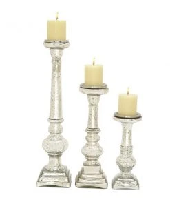 Grayson Lane Set of 3 Traditional Silver Glass Pillar Candle Holder