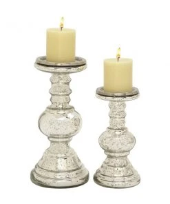 Grayson Lane Set of 2 Traditional Silver Glass Pillar Candle Holder