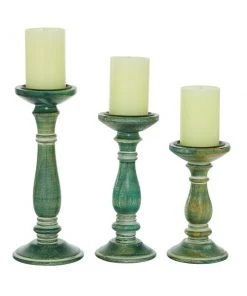 Grayson Lane Set of 3 Farmhouse Green Mango Wood Pillar Candle Holder