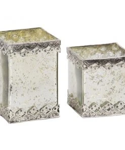 Grayson Lane Set of 2 Glam White Glass Pillar Candle Holder
