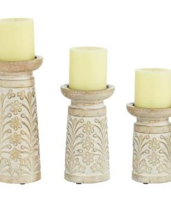 Grayson Lane Set of 3 Brown Mango Wood Pillar Candle Holder