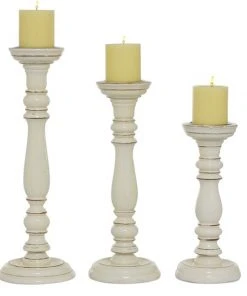 Grayson Lane Set of 3 White Mango Wood Pillar Country Cottage Candle Holder