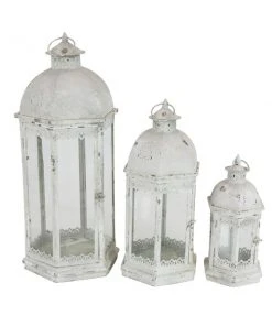 GRAYSON LANE Set of 3 29 In., 20 In., 14 In. Rustic Lantern White Metal
