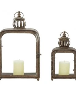 GRAYSON LANE Set of 2 17 In., 12 In. Rustic Lantern Brown Metal