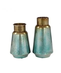 GRAYSON LANE Set of 2 15 In., 12 In. Rustic Vase Turquoise Metal