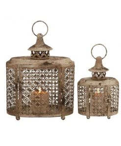 GRAYSON LANE Set of 2 12 In., 9 In. Rustic Lantern Beige Metal