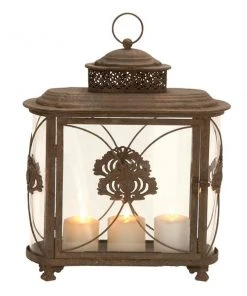 GRAYSON LANE 18 In. x 15 In. Rustic Candle Holder Lantern Brown Iron