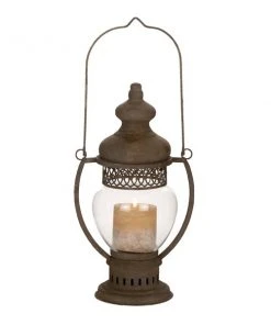 GRAYSON LANE 14 In. x 8 In. Rustic Candle Holder Lantern Brown Iron