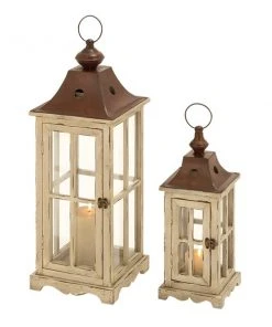 GRAYSON LANE Set of 2 26 In., 18 In. Coastal Lantern Cream Wood