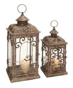 GRAYSON LANE Set of 2 20 In., 15 In. Rustic Lantern Brown Metal