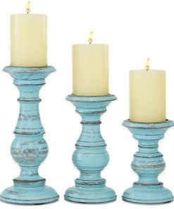 Grayson Lane 3-Candle Pillar Holder - 6-in, 8-in, 10-in -Light Blue Mango Wood