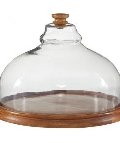 Grayson Lane 10-in x 13-in Natural Cake Stand with Cloche - Brown Wood and Glass