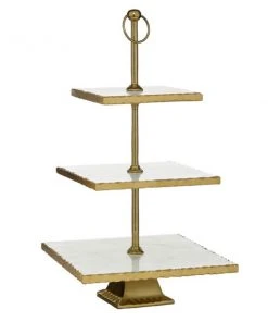 Grayson Lane Natural 3 Tier Tray Stand - Gold Marble and Aluminum- 24-in X 12-in