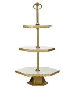 Grayson Lane Natural 3 Tier Tray Stand - Gold Stoneware and Aluminum - 22-in X 12-in