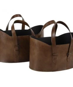 Grayson Lane Set of 2 20-in , 21-in Vintage Magazine Rack Holder - Brown Leather