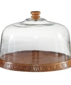 Grayson Lane 9-in x 13-in Natural Cake Stand with Cloche - Brown Wood and Glass