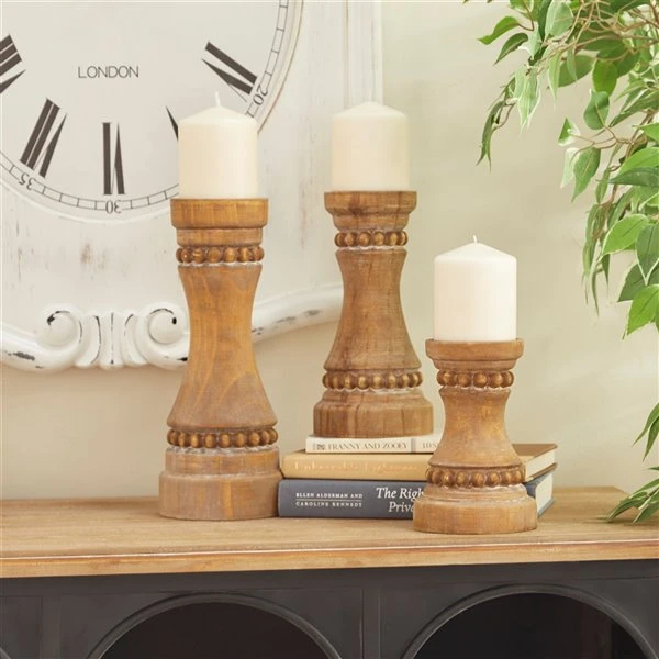 Grayson Lane 1 Candle Brown Wood Pillar Candle Holder - Set of 3 2 Grayson Lane 1 Candle Brown Wood Pillar Candle Holder - Set of 3 - Image 2