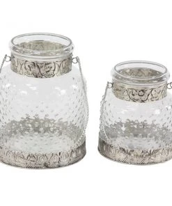 Grayson Lane 2 Candle Clear Glass Lantern Farmhouse Candle Holder - Set of 2