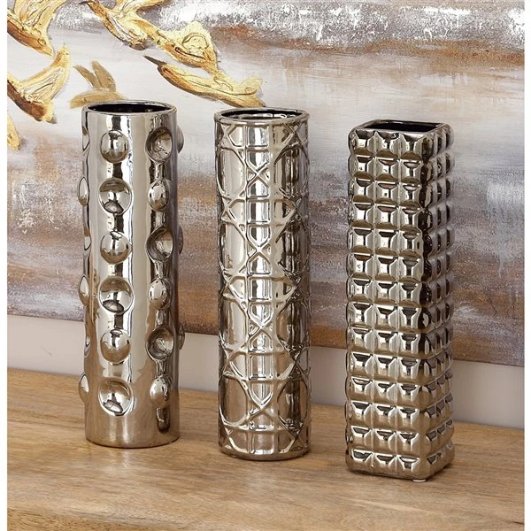 Grayson Lane 12-in x 3-in Glam Silver Ceramic Vase - Set of 3 2 Grayson Lane 12-in x 3-in Glam Silver Ceramic Vase - Set of 3 - Image 2