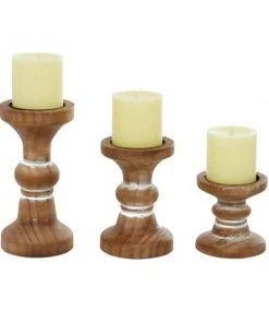 Grayson Lane 1 Candle Brown Wood Pillar Farmhouse Candle Holder - Set of 3