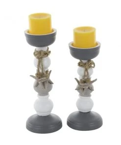 Grayson Lane 2 Candle Grey Wood Pillar Coastal Candle Holder - Set of 2