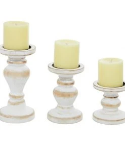 Grayson Lane 1 Candle White Wood Pillar Farmhouse Candle Holder - Set of 3