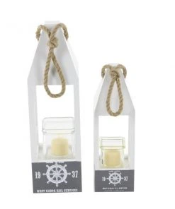 Grayson Lane 2 Candle Grey Wood Lantern Coastal Candle Holder - Set of 2