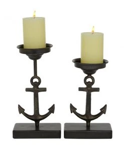 Grayson Lane Coastal Black Metal Pillar Candle Holder - Set of 2