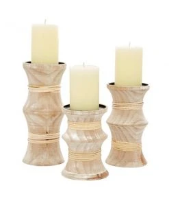 Grayson Lane Set of 3 Natural Wooden Pillar Candle Holder