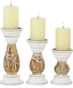 Grayson Lane Beige Wooden Pillar Candle Holder - Set of 3