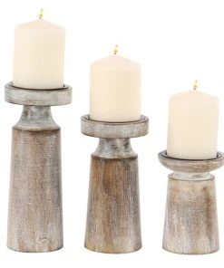 Grayson Lane Natural Brown Wooden Pillar Candle Holder - Set of 3