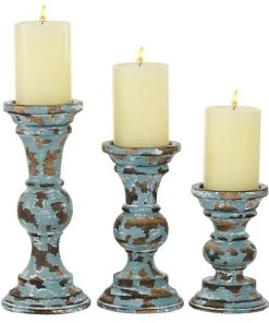 Grayson Lane Light Blue Wooden Pillar Candle Holder - Set of 3