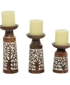 Grayson Lane Natural Mango Wood Pillar Candle Holder - Set of 3