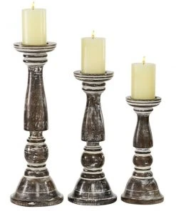 Grayson Lane Country Cottage Brown Wooden Pillar Candle Holder - Set of 3