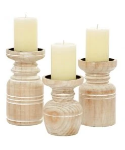 Grayson Lane Natural Wooden Pillar Candle Holder - Set of 3