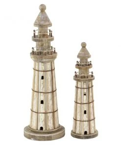 Grayson Lane White Wood Lighthouse Sculptures - Set of 2