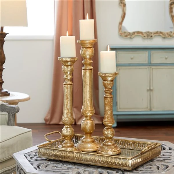 Grayson Lane Set of 3 21-in, 18-in, 15-in Traditional Candle Holder - Gold Mango Wood 2 Grayson Lane Set of 3 21-in, 18-in, 15-in Traditional Candle Holder - Gold Mango Wood - Image 2