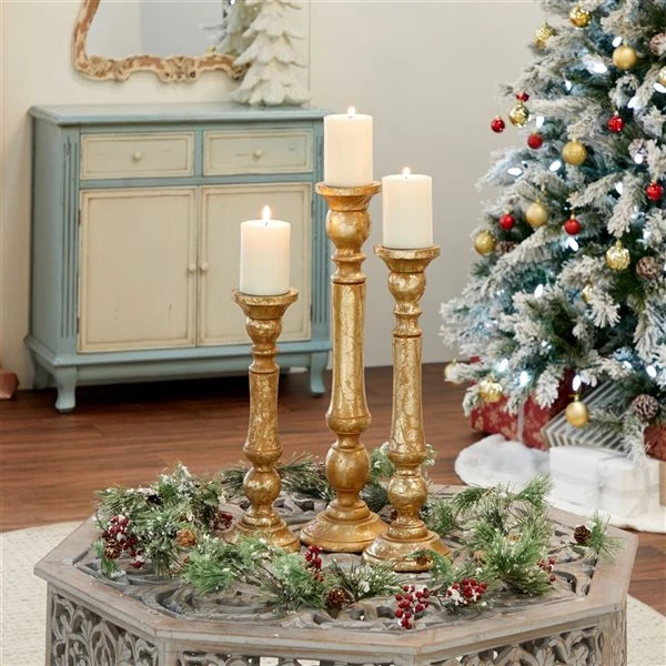 Grayson Lane Set of 3 21-in, 18-in, 15-in Traditional Candle Holder - Gold Mango Wood 3 Grayson Lane Set of 3 21-in, 18-in, 15-in Traditional Candle Holder - Gold Mango Wood - Image 3