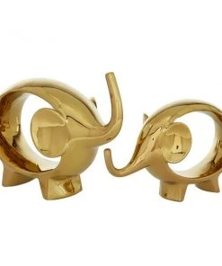 Grayson Lane Set of 2 7-in, 9-in Gold Contemporary Elephant Sculpture - Porcelain