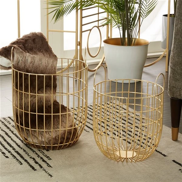 Grayson Lane Set of 2 17-in x 11-in Contemporary Storage Baskets - Gold Iron 2 Grayson Lane Set of 2 17-in x 11-in Contemporary Storage Baskets - Gold Iron - Image 2