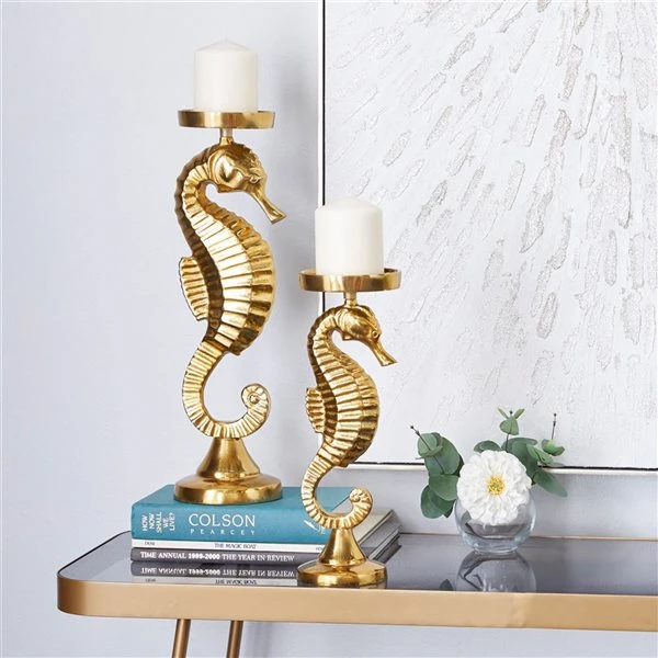 Grayson Lane Set of 2 18-in, 14-in Coastal Candle Holder - Gold Aluminum 2 Grayson Lane Set of 2 18-in, 14-in Coastal Candle Holder - Gold Aluminum - Image 2