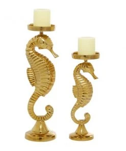 Grayson Lane Set of 2 18-in, 14-in Coastal Candle Holder - Gold Aluminum