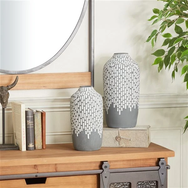 Grayson Lane Set of 2 13-in x 6-in Modern Vases - Grey Stoneware 2 Grayson Lane Set of 2 13-in x 6-in Modern Vases - Grey Stoneware - Image 2