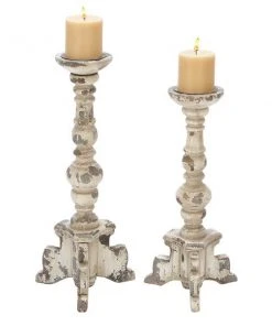 Grayson Lane Set of 2 20-in, 17-in Vintage Candle Holder - White Wood