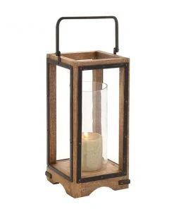 Grayson Lane 22-in x 8-in Traditional Candle Holder Lantern - Natural Brown Mango Wood