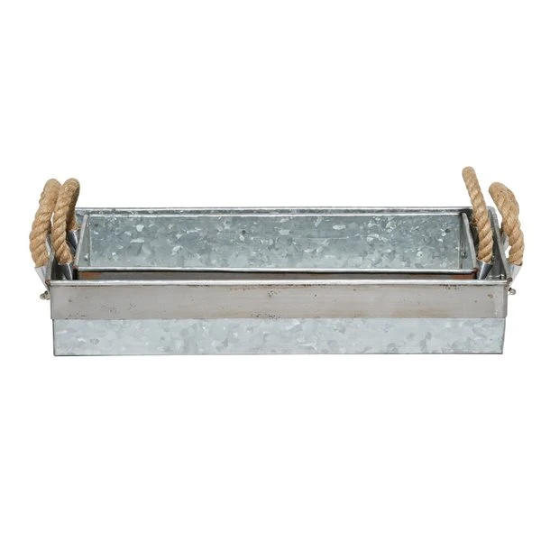 Grayson Lane Set of 2 16-in, 14-in Farmhouse Tray - Grey Metal 4 Grayson Lane Set of 2 16-in, 14-in Farmhouse Tray - Grey Metal - Image 4