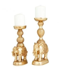 Grayson Lane Set of 2 13-in x 4-in Traditional Candle Holders -Gold Poly Stone