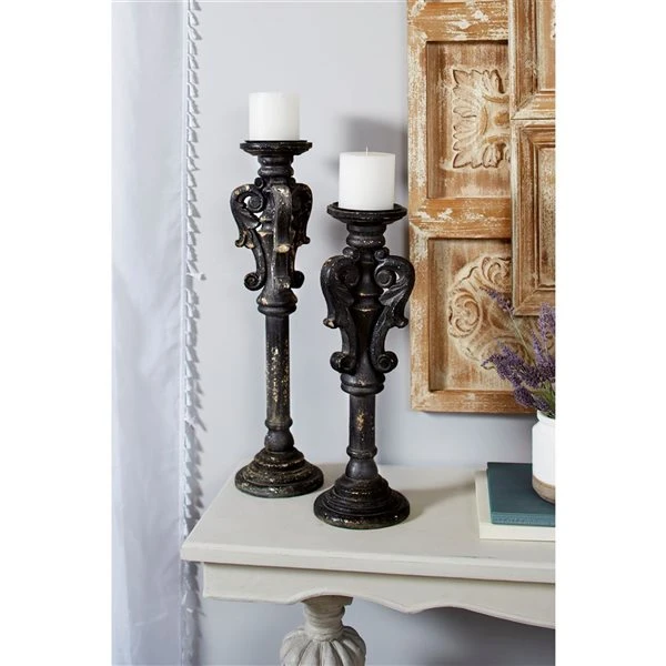 Grayson Lane Set of 2 27-in, 22-in Vintage Candle Holder - Black Wood 2 Grayson Lane Set of 2 27-in, 22-in Vintage Candle Holder - Black Wood - Image 2