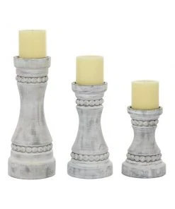 Grayson Lane 1-Candle Grey Wood Pillar Candle Holder - Set of 3