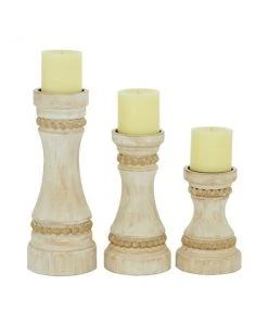 Grayson Lane 1-Candle Cream Wood Pillar Candle Holder - Set of 3